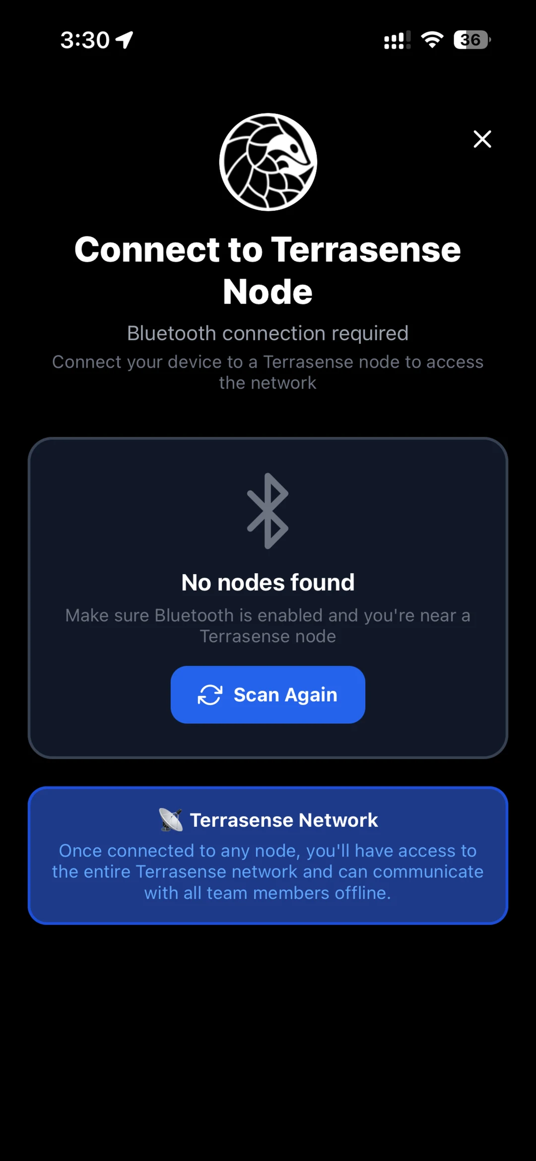 TerraField screen for connecting to a TerraSense radio over Bluetooth