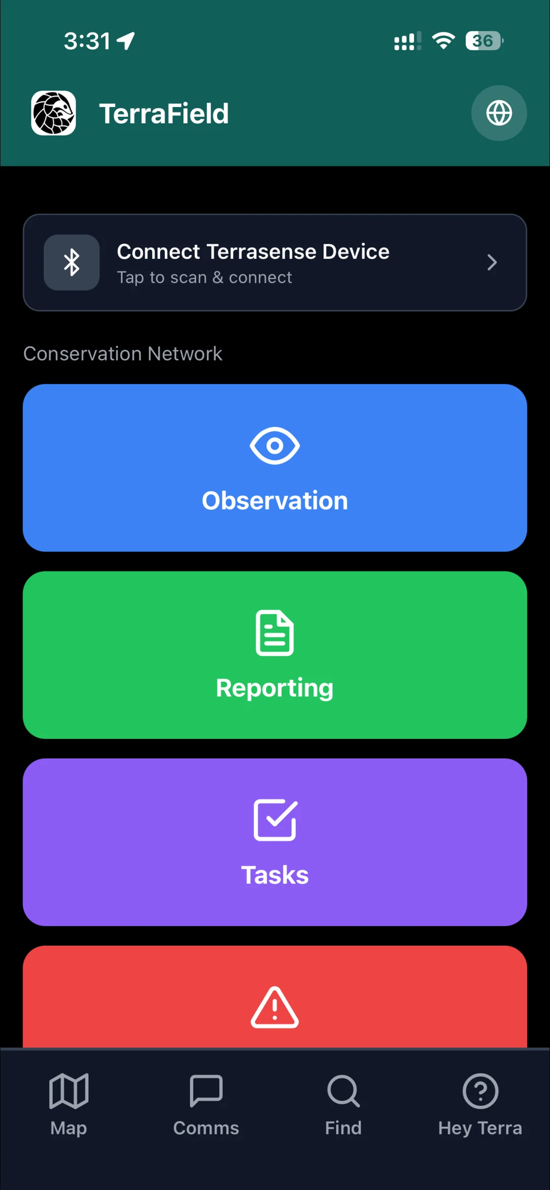 TerraField home screen with Observation, Reporting, Tasks and Emergency shortcuts, and a button to connect a TerraSense device