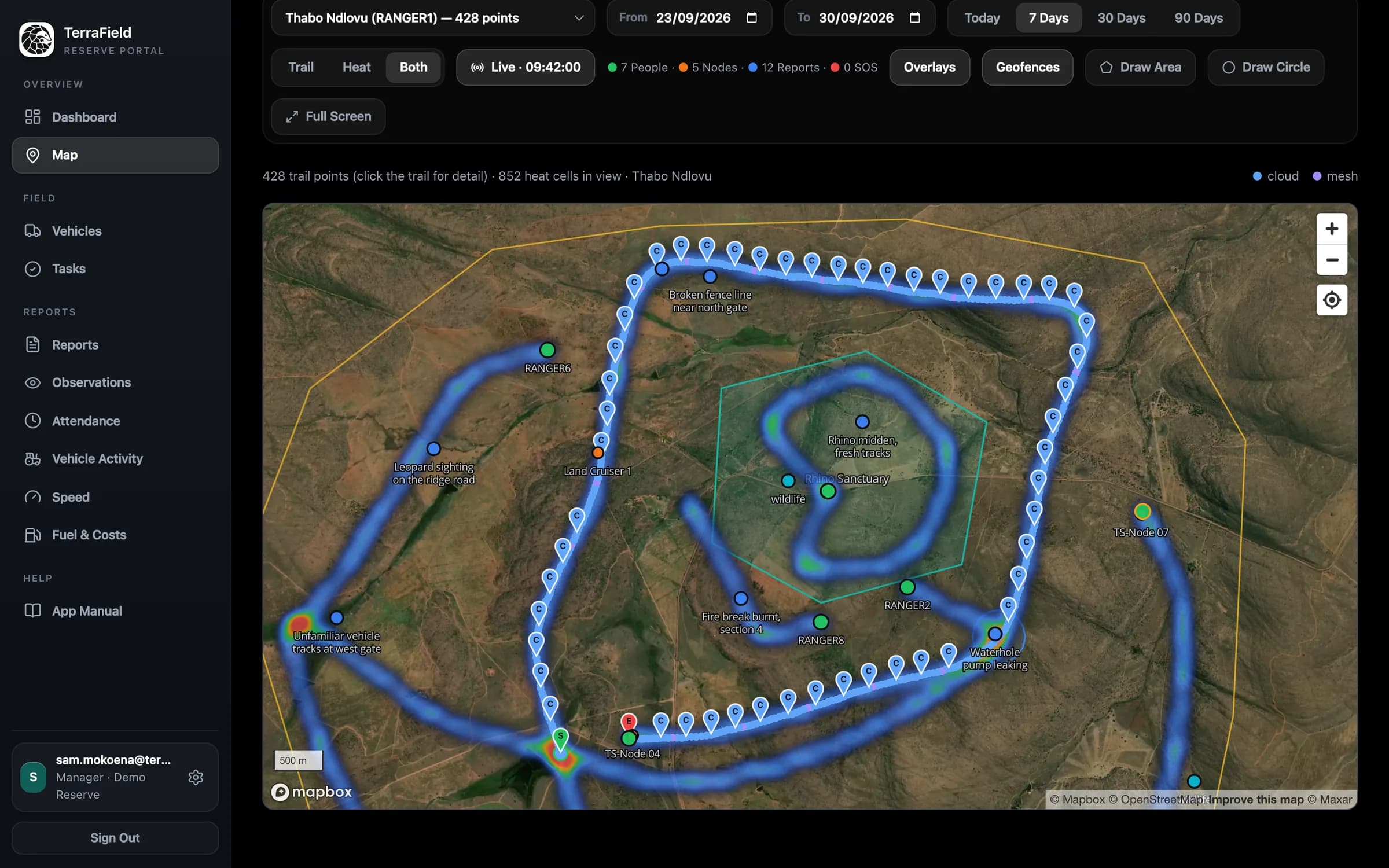 TerraSense portal map with a ranger's patrol trail, heat map, radios, vehicles, reports and a geofence over satellite imagery